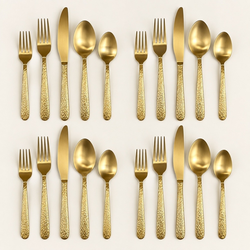 Ornative 20 Piece Gold Stainless Steel Flatware Set Hammered Service for 4 NEW